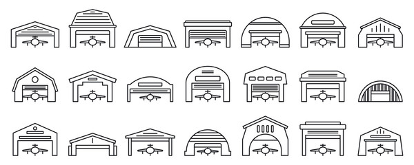 Airport hangar icons set. Outline set of airport hangar vector icons for web design isolated on white background - obrazy, fototapety, plakaty