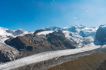 The Morteratsch Glacier is the largest glacier by area in the Bernina Range of the Rhaetian Alps in Switzerland.
