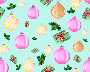 Seamless pattern with Holly, Christmas tree toys and gifts. Festive background for textiles, packaging or Wallpaper.