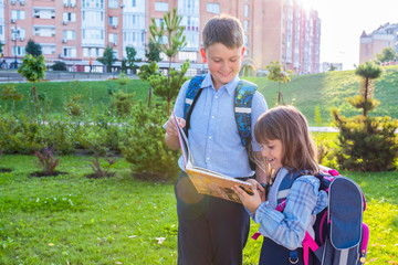 Elementary school students with a textbook outdoors. Back to school.