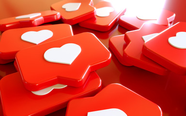  3D Social Media Network Love and Like Heart Icon Rendering Background in red.