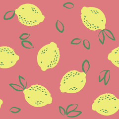 Watercolour seamless pattern with hand drawn lemons. Concept vivid fashion backdrop on rosy color. Citrus fruit background vector illustration