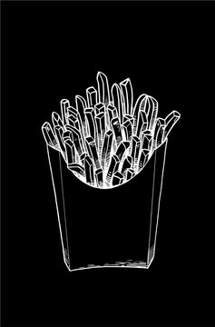 Graphical sketch of french fries isolated on black background, vector engraved illustration for printing , fast food