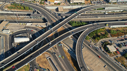 Aerial photo of Attiki Odos multilevel junction highway leading to Athens International Airport Eleftherios Venizelos, Attica, Greece