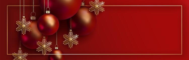 Fototapeta Christmas and 2020 New Year design. 3D red realistic christmas balls and decorative golden snowflakes hang on gold chains on red background. Elegant festive vector banner EPS10 obraz