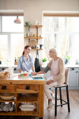 Nurse visiting aged lady measuring pressure and speaking