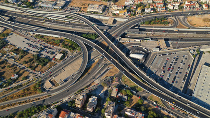 Aerial photo of Attiki Odos multilevel junction highway leading to Athens International Airport...