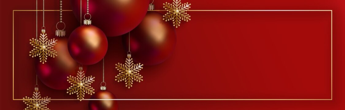 Christmas and 2020 New Year design. 3D red realistic christmas balls and decorative golden snowflakes hang on gold chains on red background. Elegant festive vector banner EPS10