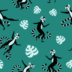 Seamless pattern with black lemurs and monstera leaves on green background. Vector illustration.