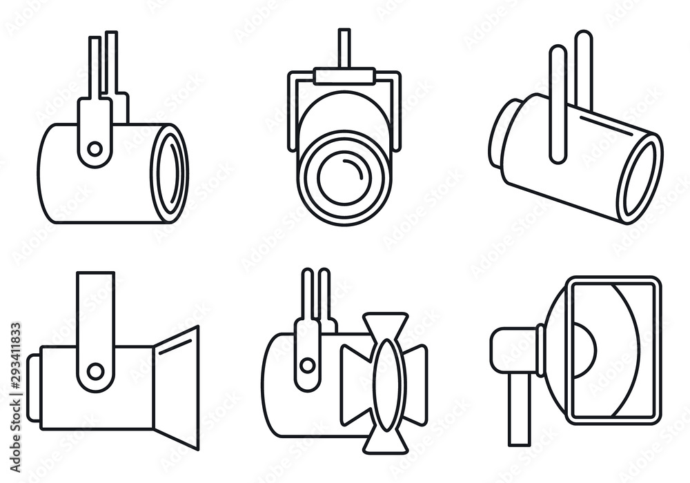 Poster spotlight lamp icons set. outline set of spotlight lamp vector icons for web design isolated on whit