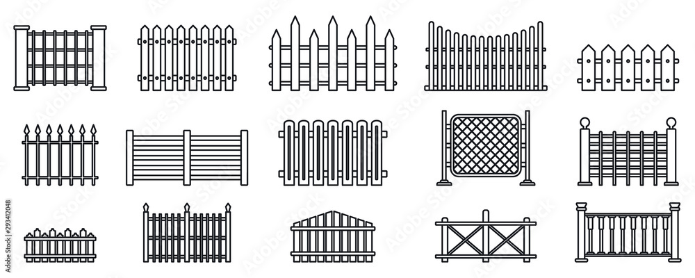 Poster garden fence icons set. outline set of garden fence vector icons for web design isolated on white ba