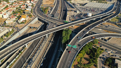 Aerial photo of multilevel junction highway passing through city centre