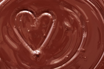 Texture liquid chocolate heart. Background melted chocolate. Valentine's card.