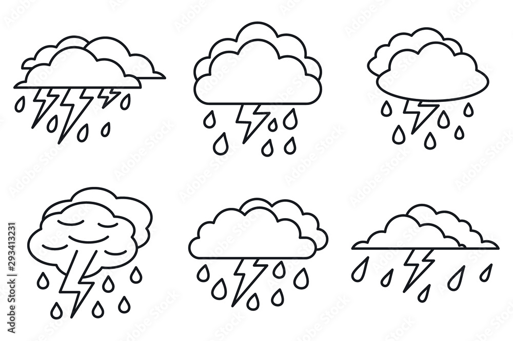 Poster weather thunderstorm icons set. outline set of weather thunderstorm vector icons for web design isol