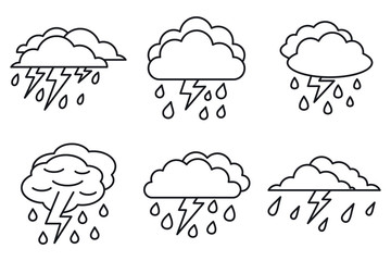 Weather thunderstorm icons set. Outline set of weather thunderstorm vector icons for web design isolated on white background