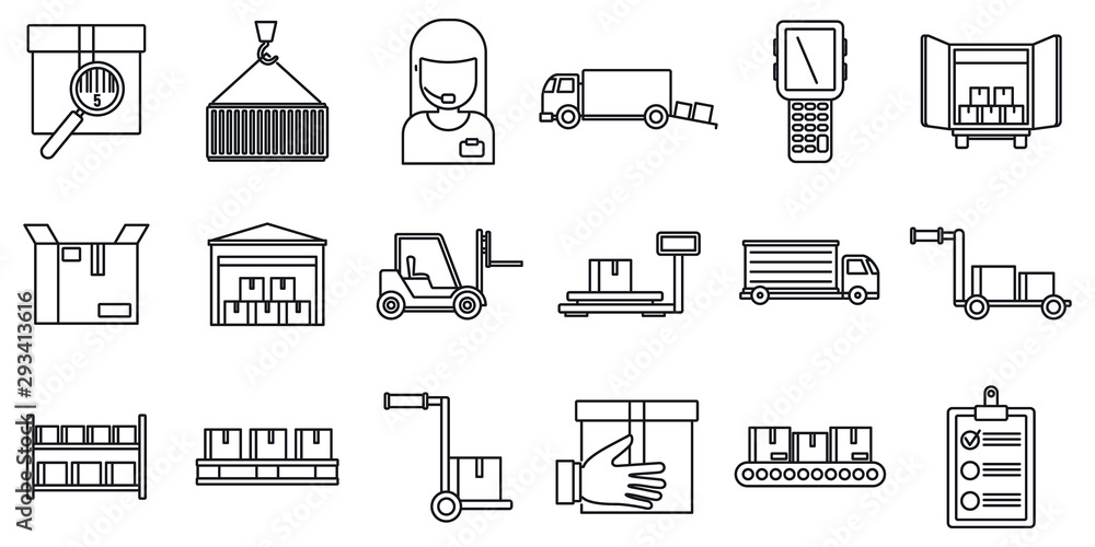Poster warehouse building icons set. outline set of warehouse building vector icons for web design isolated