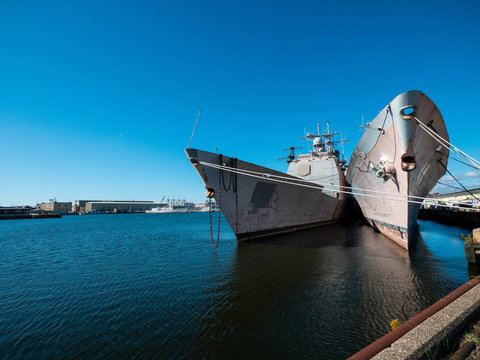 US Navy ships docked at the Philadelphia Navy Yard - Philadelphia, PA / USA - September 29, 2019