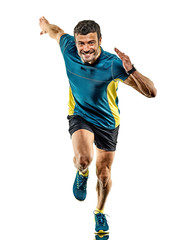 one caucasian handsome mature man running runner jogging jogger isolated on white background