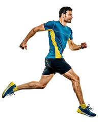 one caucasian handsome mature man running runner jogging jogger isolated on white background