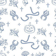 Naklejka premium Halloween seamless pattern. Pumpkin, spider, snake