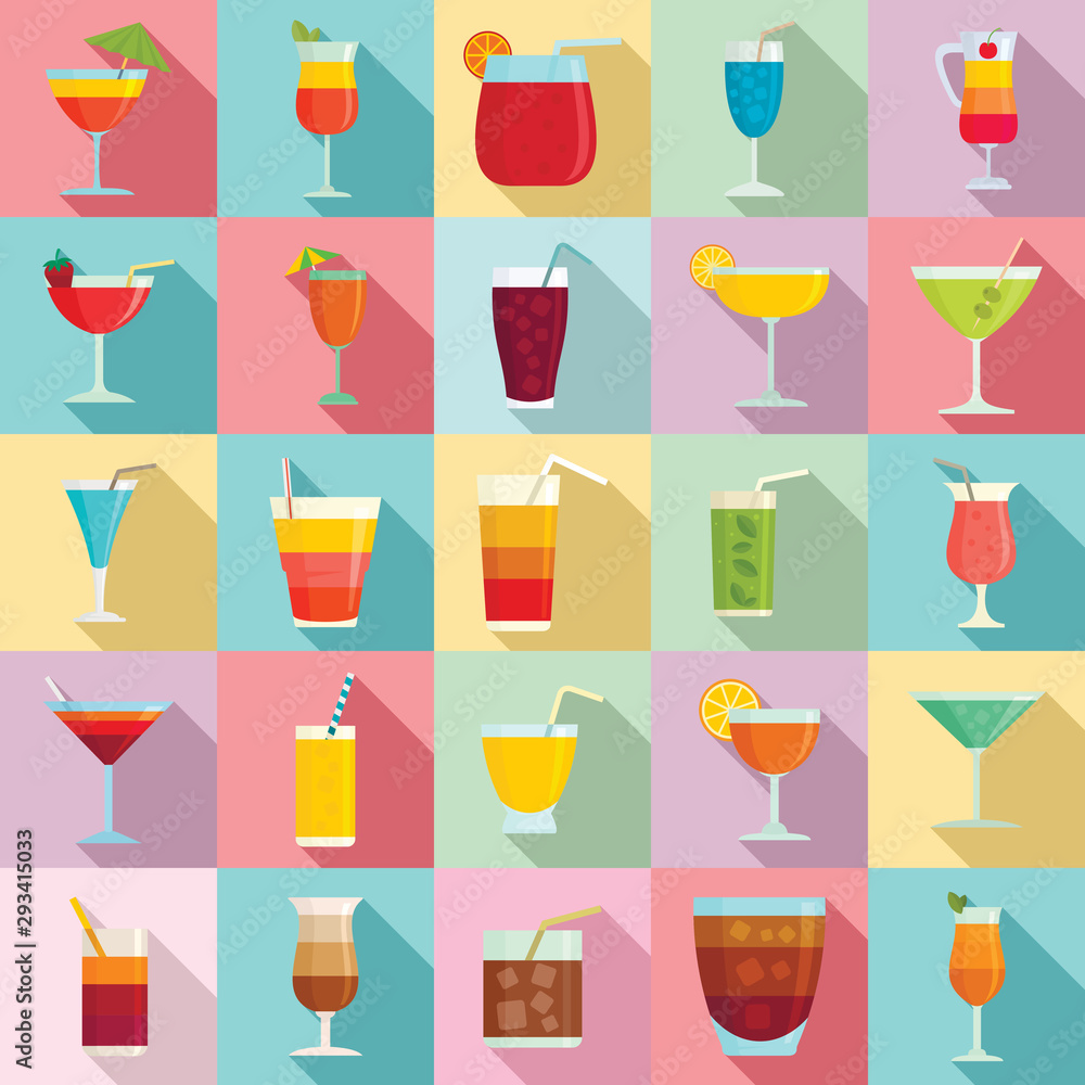 Poster cocktail icons set. flat set of cocktail vector icons for web design
