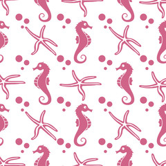 Vector seamless pattern with sea horses, starfish