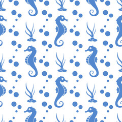 Vector seamless pattern with sea horses, plants