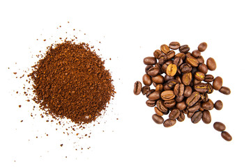 Coffee Beans And Powder On White Background