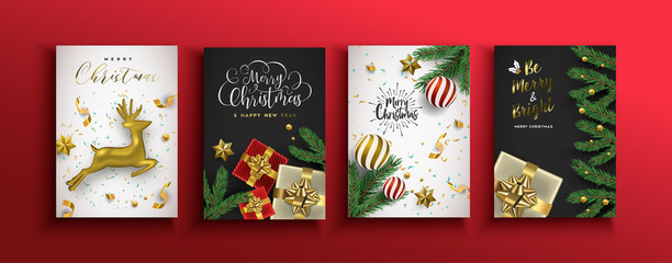 Christmas new year card set of gold 3d ornaments