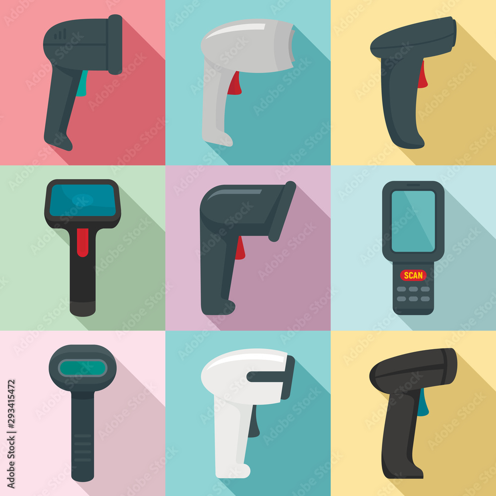 Poster barcode scanner icons set. flat set of barcode scanner vector icons for web design