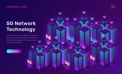 5G network technology, isometric concept vector illustration. Smart city, tall buildings with 5G symbol wireless internet isolated on ultraviolet background. High speed internet web page