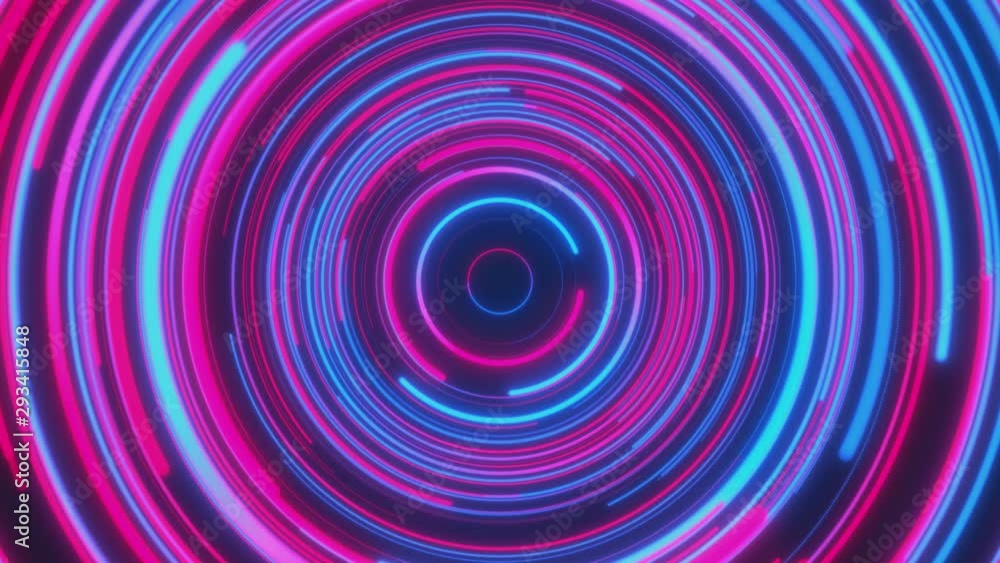 Poster looped animation. abstract background with moving through bright circles in red and blue color. mode