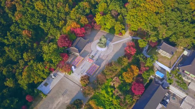 Aerial video of Gakwonsa temple during Autumn season, South Korea.