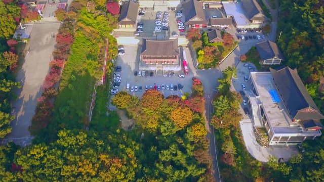 Aerial video of Gakwonsa temple during Autumn season, South Korea.