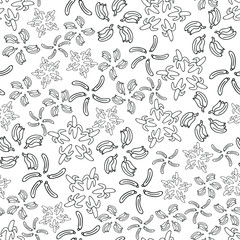 Vector black and white cute and fun bananas in floral arrangement seamless pattern background