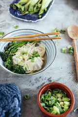Chinese pork and shrimp wonton soup with broccolini 