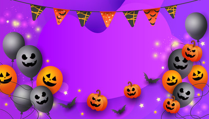 Happy Halloween Sale banner with symbols pumpkin, colored garlands and candy on purple background.