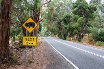 Motor road in Australia with ‘Wombat Crossing. 5km’ road sign.