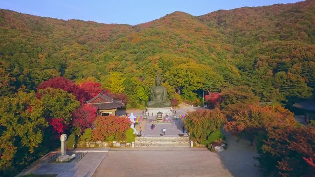 Aerial video of Gakwonsa temple during Autumn season, South Korea.