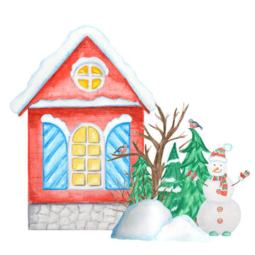 Cartoon Winter House with Bullfinch bird couple, Snowman, snowdrifts, Christmas tree. Watercolor New year Greeting card, poster, banner concept with copy space for text. Front view.