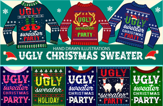 Ugly Christmas Sweater And New Year Greeting Card. 