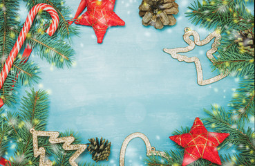 Christmas border made of fir branches, festive red decoration