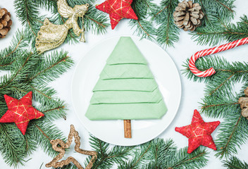 Christmas table setting with vintage dishware