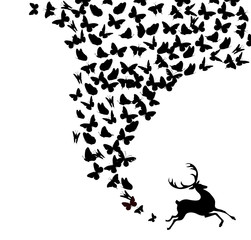 The silhouette of a deer with flying butterflies. vector illustration