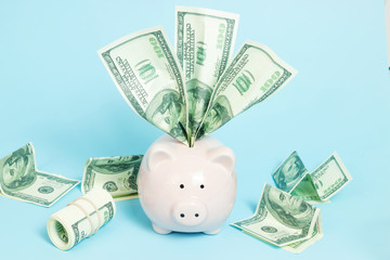 Piggy bank money on blue background