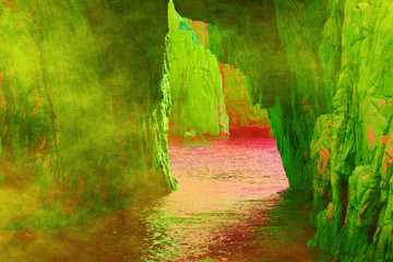 Red Sea with sulfur fog in a green horror grotto