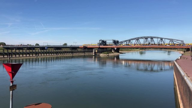 Trains on the bridge over the IJssel river in Zutphen, Gelderland The Netherlands