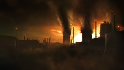 Fototapeta na wymiar scenic wide concept animation shot of heavy industry causing climate change and pollution. bright golden sunset and dark dystopic black smoke clouds, silhouettes of chimneys and industrial buildings