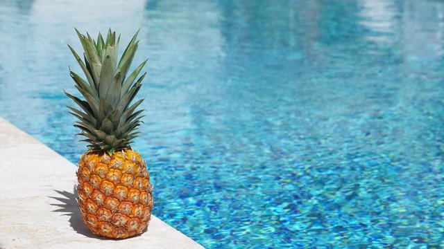 Pineapple near swimming pool at poolside, Closeup. Travel destinations. Summer vacations