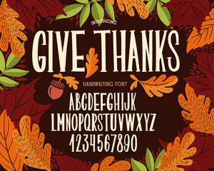 Font thanksgiving day. Typography alphabet with colorful autumn illustrations.